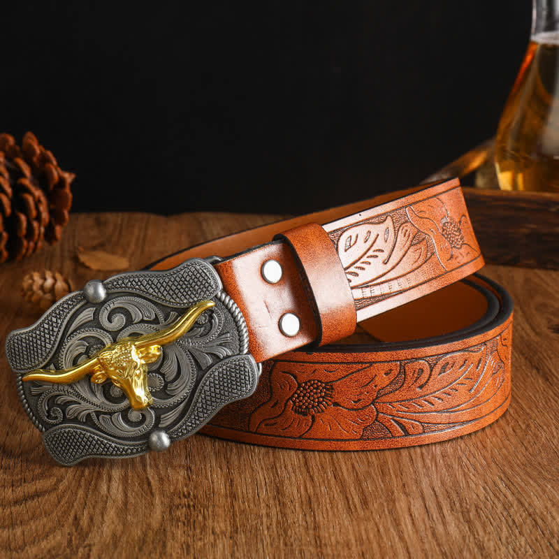 Cintura da uomo in pelle di toro Longhorn dorata quadrata - Stile n. 5 - 48" - image 8