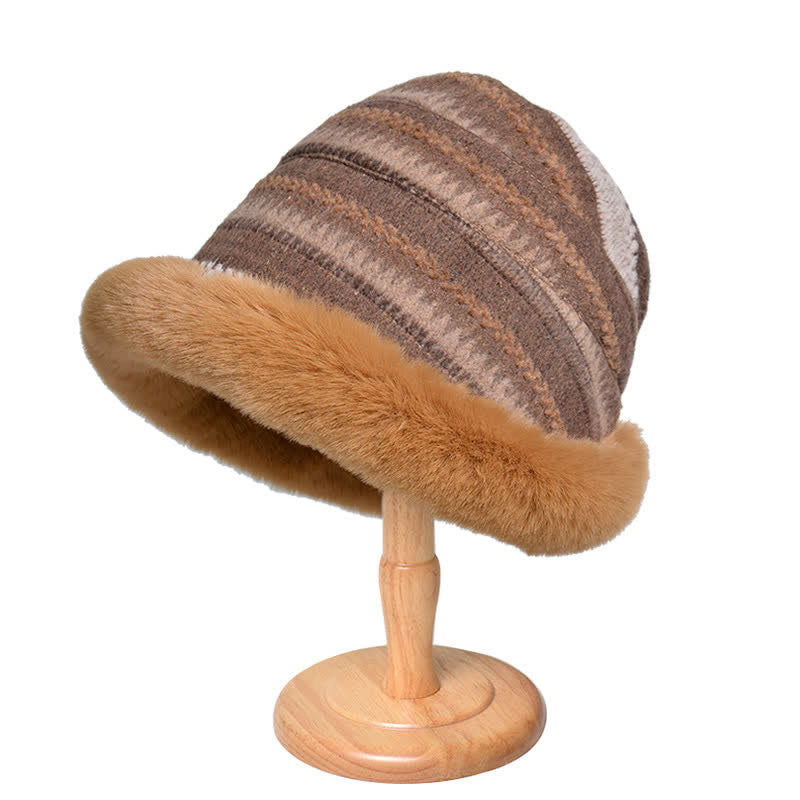 Cappello da pescatore a righe con tesa calda in peluche da donna - Cachi - Misura M (22 1/2"-22 7/8") - image 1