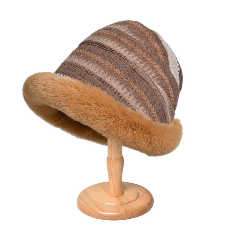 Cappello da pescatore a righe con tesa calda in peluche da donna - Cachi - Misura M (22 1/2"-22 7/8") - image 1