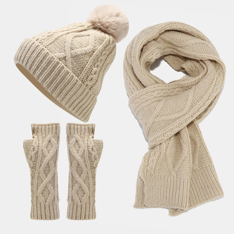 Set di 3 guanti senza dita con sciarpa e cappello lavorati a maglia da donna - Avorio - Regolabile (22"-22 7/8") - image 4