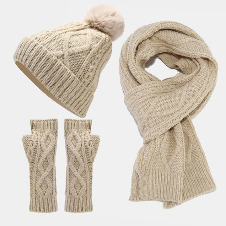 Set di 3 guanti senza dita con sciarpa e cappello lavorati a maglia da donna - Avorio - Regolabile (22"-22 7/8") - image 4