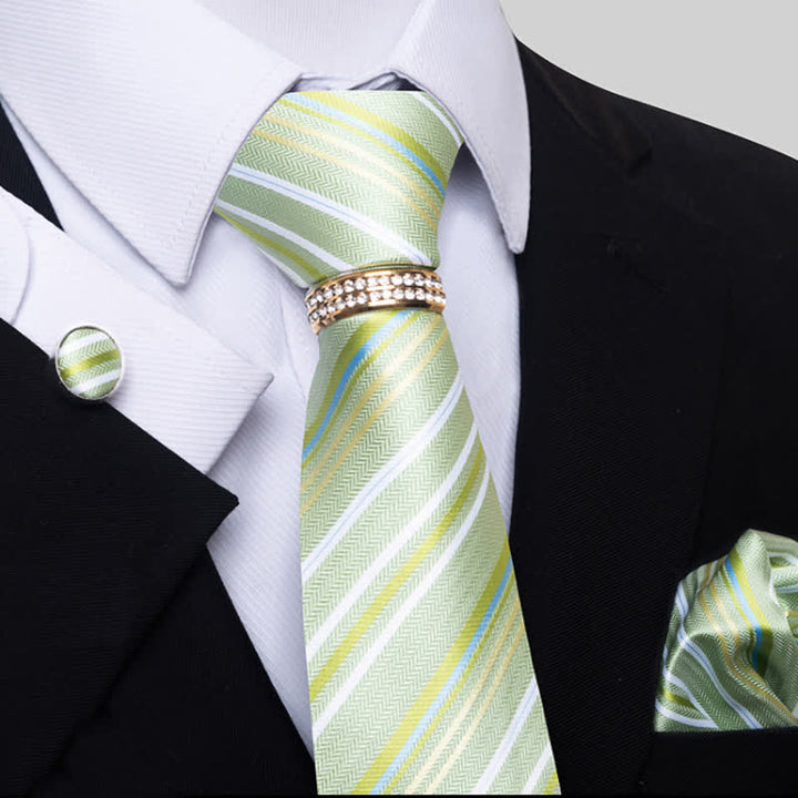 Set di 4 cravatte a righe da uomo con anello per cravatta - Verde Giallo - image 7