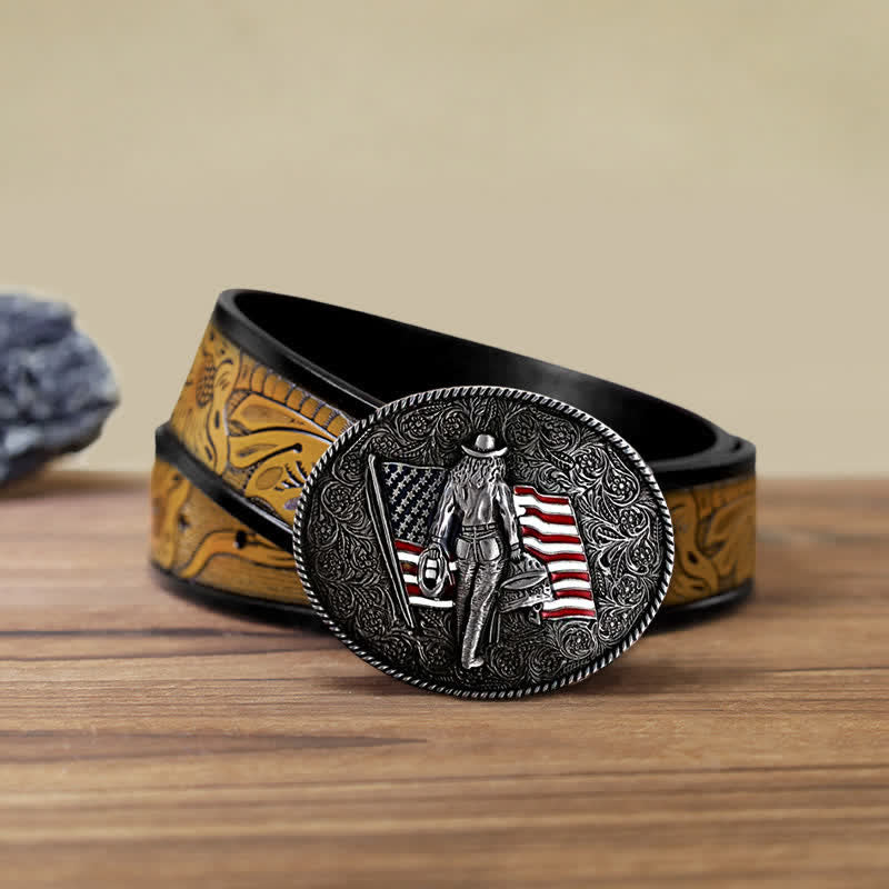Cintura in pelle con fibbia della bandiera americana da cowboy fai da te da uomo - Argento antico - Cintura marrone sabbia (40) - image 18