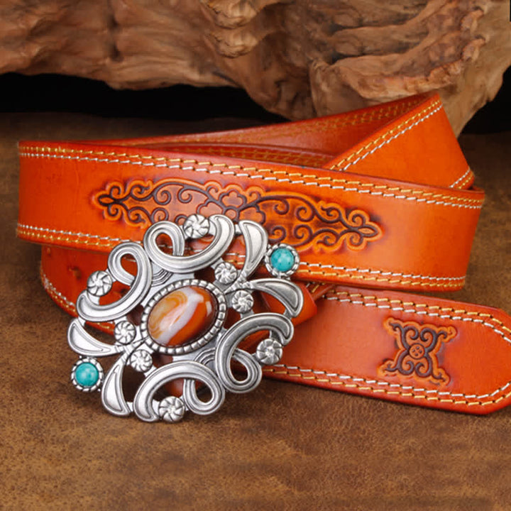 Cintura unisex in pelle con fiore cavo turchese e pietra agata - image 8