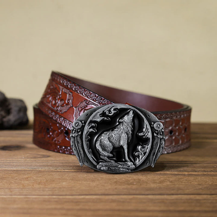 Cintura in pelle con fibbia a forma di lupo ululante e smaltato fai da te da uomo - Nero - Cintura marrone intagliata (40) - image 17