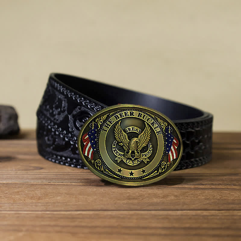 Cintura in pelle con fibbia porta birra creativa fai da te con bandiera USA e aquila da uomo - Bronzo - Cintura nera intagliata (40) - image 21
