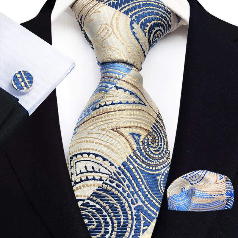 Set di 3 cravatte da uomo con motivo Paisley blu e champagne - Blu e Champagne - image 0