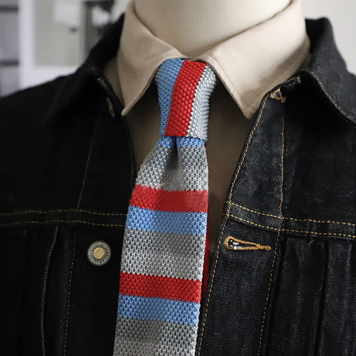Cravatta a righe orizzontali autunnali da uomo lavorata a maglia - Rosso e grigio - image 14