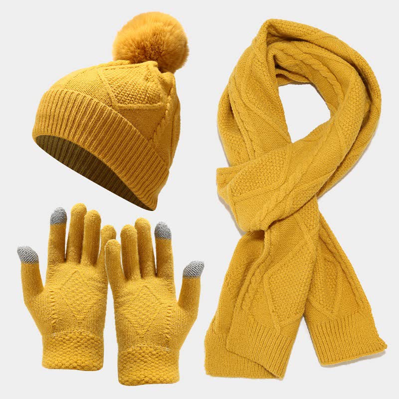 3 pezzi da donna diamante pompon berretto cappello sciarpa guanti set - Giallo - Regolabile - image 0