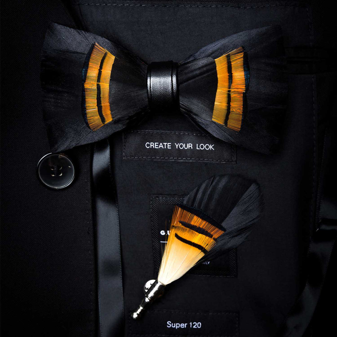Papillon con piume di mezzanotte nero e arancione con spilla da bavero - Adulto - image 0