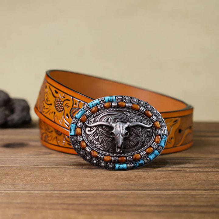 Cintura in pelle con fibbia a forma di toro con perline di legno turchese fai da te da uomo - Argento - Cintura intagliata arancione (115 cm/46 pollici) - image 21