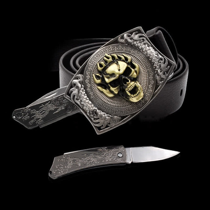 Cintura in pelle da uomo con teschio fiammeggiante e coltello pieghevole - Cranio - 46 - image 0