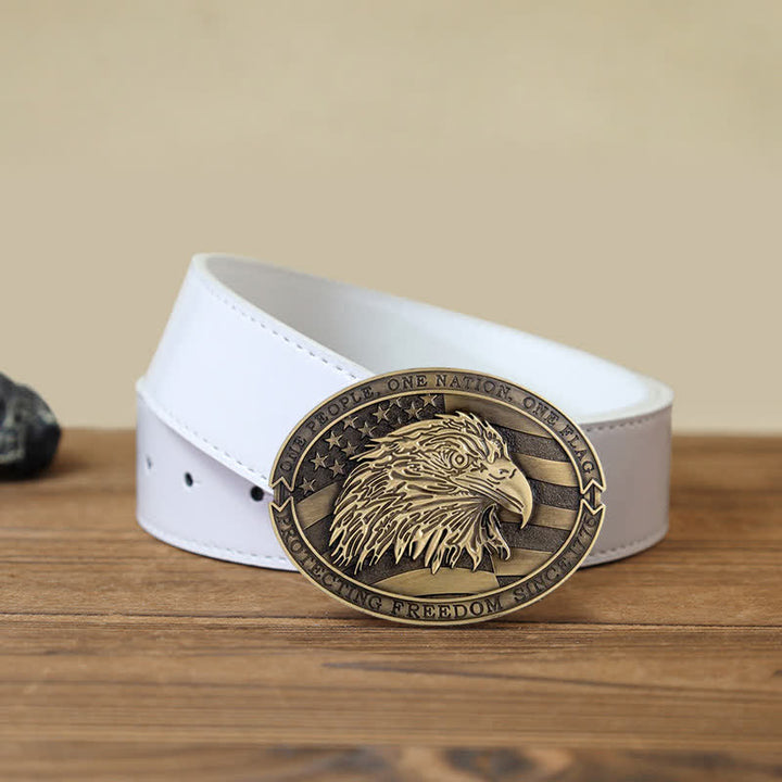 Cintura in pelle con fibbia della bandiera USA con aquila calva patriottica fai da te da uomo - Bronzo antico - Cintura PU bianca (40) - image 8