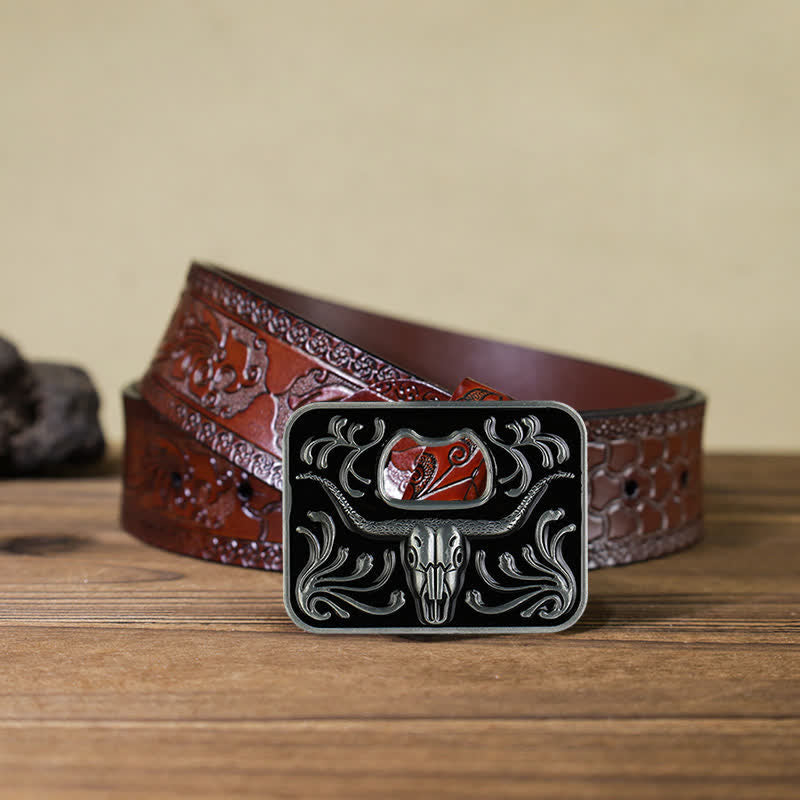 Cintura in pelle con fibbia apribottiglie fai da te da uomo - Toro - Cintura marrone intagliata (40) - image 10
