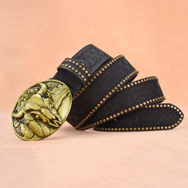 Cintura in pelle con fibbia a testa di toro e rivetto decorativo da uomo - image 7