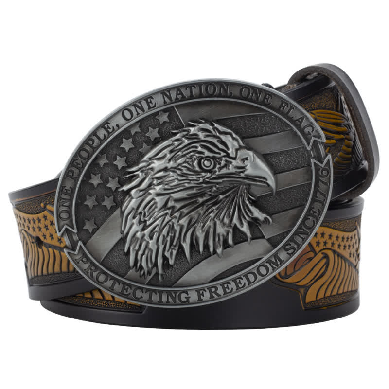 Cintura in pelle con fibbia della bandiera americana con testa d'aquila calva da uomo - Cammello / Grigio - 46 - image 0