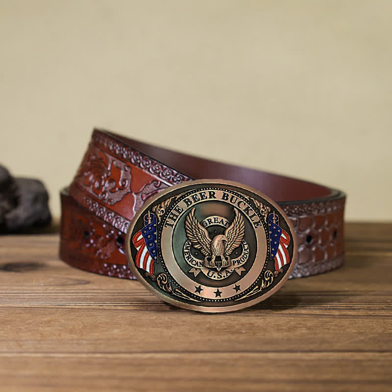 Cintura in pelle con fibbia porta birra creativa fai da te con bandiera USA e aquila da uomo - Rame - Cintura marrone intagliata (40) - image 26