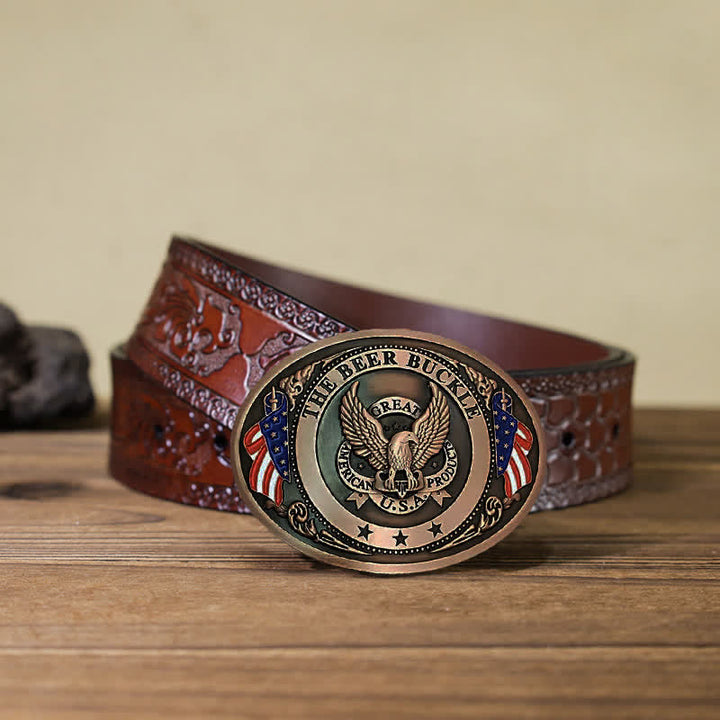 Cintura in pelle con fibbia porta birra creativa fai da te con bandiera USA e aquila da uomo - Rame - Cintura marrone intagliata (40) - image 26