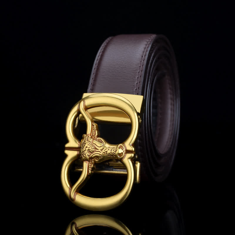 Cintura da uomo in pelle con doppio anello a testa di toro - Marrone / Cuciture - 46 - image 3