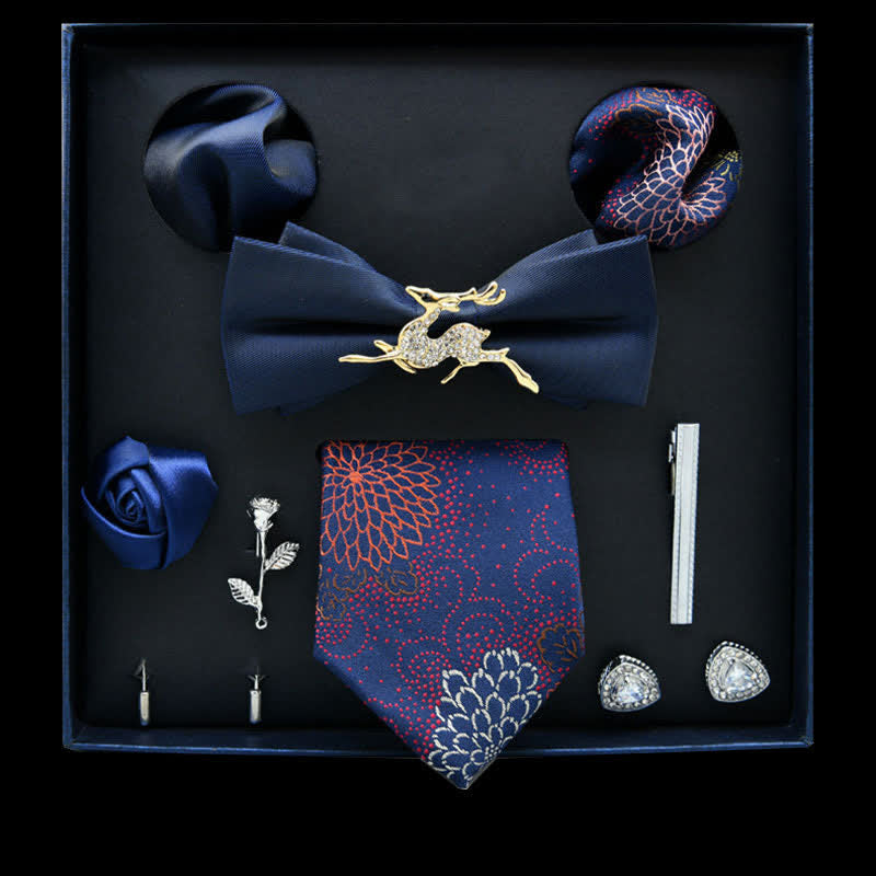8 pezzi blu navy e rosso floreale casual cravatta papillon scatola regalo - Blu marino e rosso - image 0