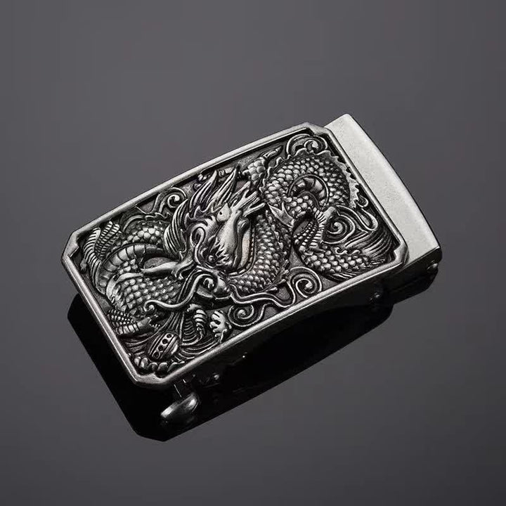 Cintura in pelle con fibbia automatica fai da te a forma di drago arrotolato da uomo - Argento antico - Senza cintura - image 6