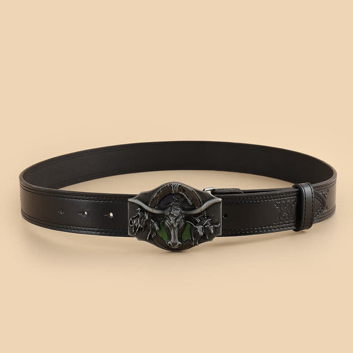 Cintura da uomo in pelle nera con testa di toro dominante - image 1