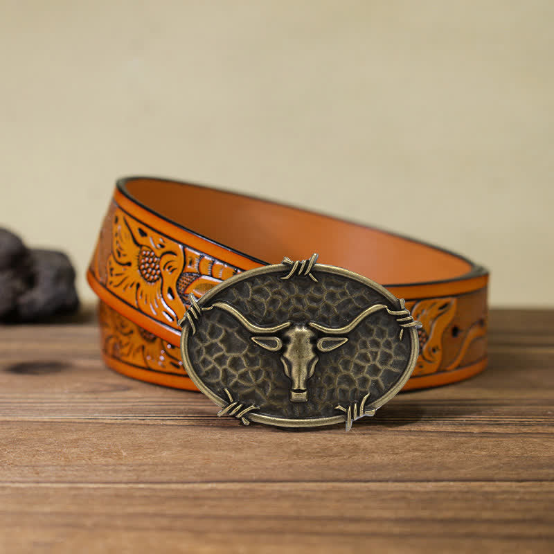 Cintura in pelle con fibbia martellata a forma di testa di toro da cowboy fai da te da uomo - Bronzo antico - Cintura intagliata arancione (40) - image 25