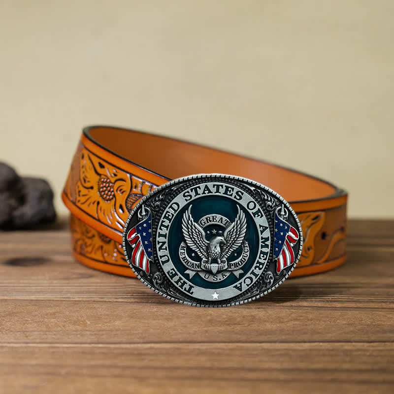 Cintura in pelle con fibbia a forma di bandiera patriottica con aquila fai da te da uomo - Aquila - Cintura intagliata arancione (40) - image 15