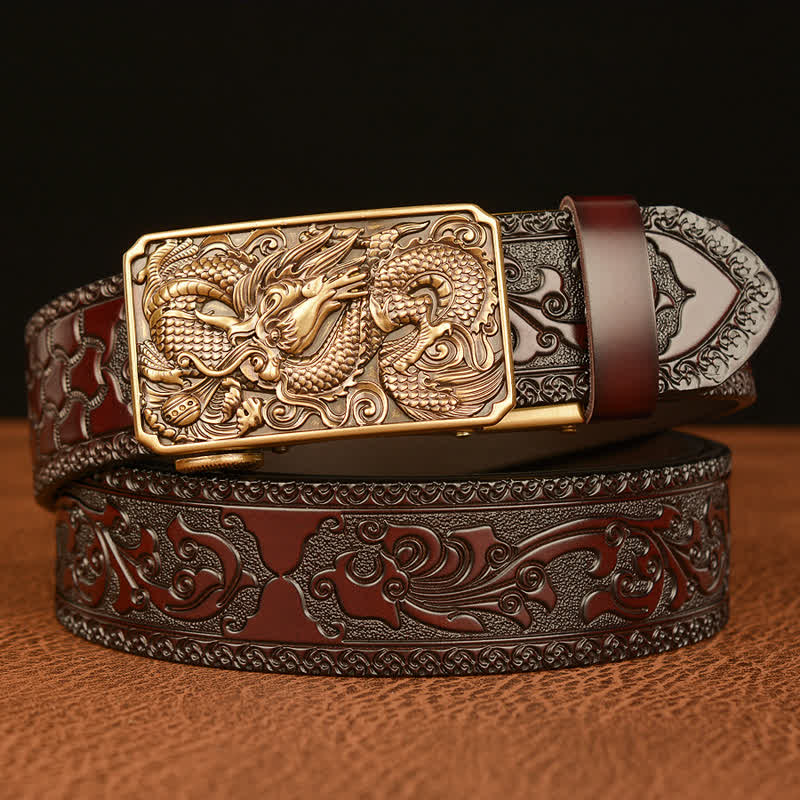 Cintura in pelle con fibbia quadrata a forma di drago da uomo - Oro e marrone - 46 - image 0