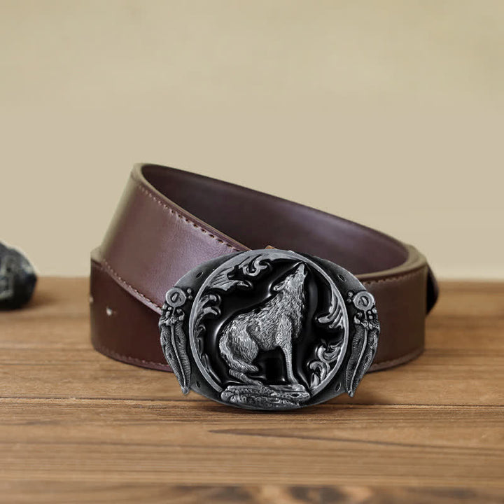 Cintura in pelle con fibbia a forma di lupo ululante e smaltato fai da te da uomo - Nero - Cintura PU marrone (40) - image 11