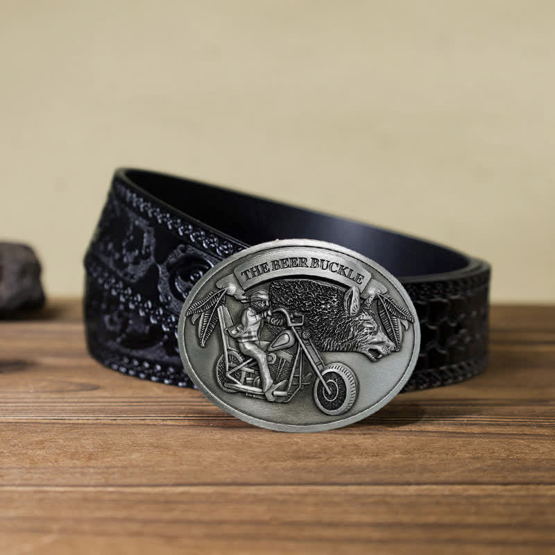 Cintura in pelle con fibbia porta birra creativo fai da te per motocicletta da uomo - Argento - Cintura nera intagliata (40) - image 20