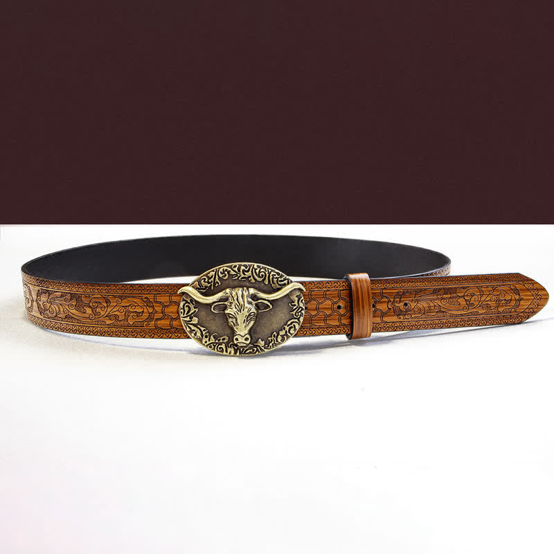 Cintura da uomo in pelle goffrata marrone con testa di toro vintage - image 3