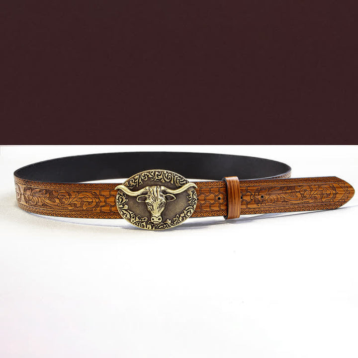 Cintura da uomo in pelle goffrata marrone con testa di toro vintage - image 3
