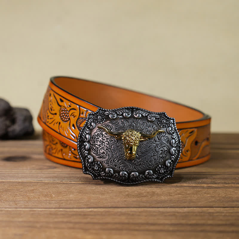 Cintura in pelle fai da te con fibbia in argento anticato Longhorn Bull da uomo - Oro - Cintura intagliata arancione (40) - image 21