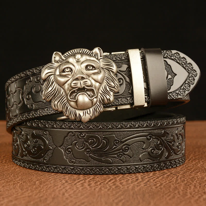 Cintura in pelle con testa di leone con scultura 3D da uomo - Argento e nero - 46 - image 15