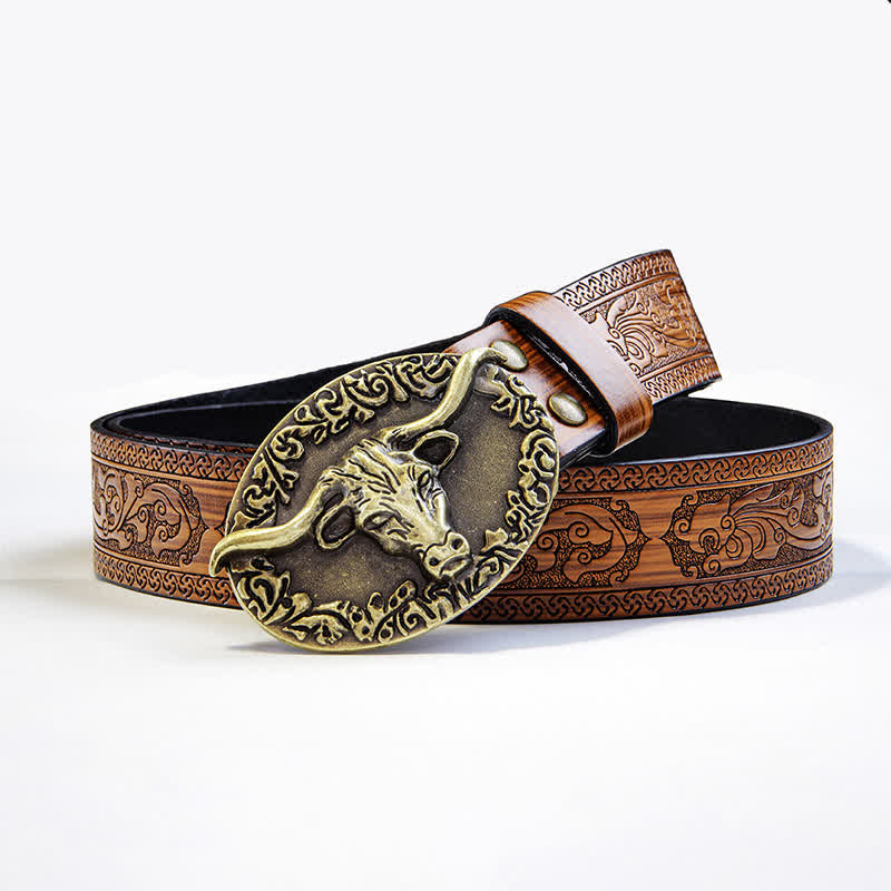 Cintura da uomo in pelle goffrata marrone con testa di toro vintage - Toro - 34 - image 0