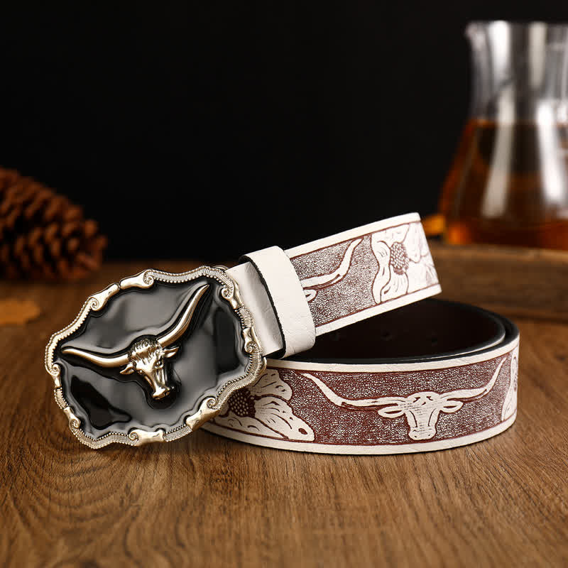 Cintura da uomo in pelle con testa di toro Longhorn Western nera - image 0