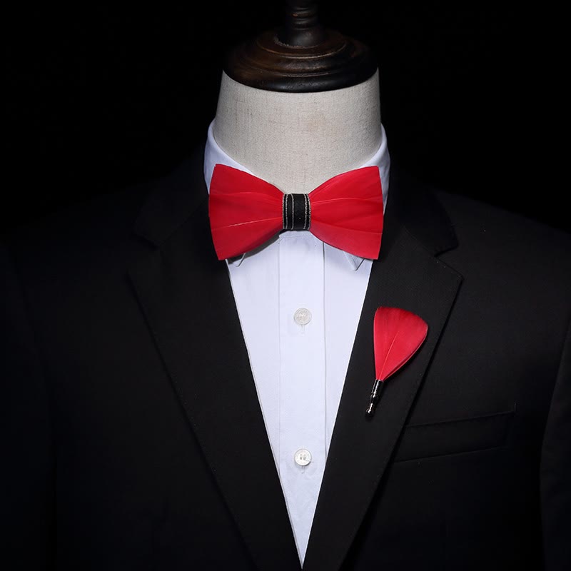 Papillon classico rosso con piume e spilla da bavero - image 1