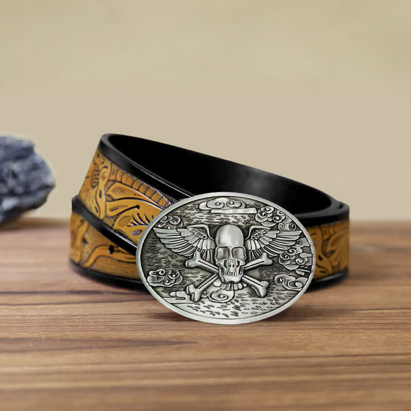 Cintura in pelle con fibbia porta birra creativa fai da te a forma di teschio e angelo da uomo - Argento - Cintura marrone sabbia (40) - image 28
