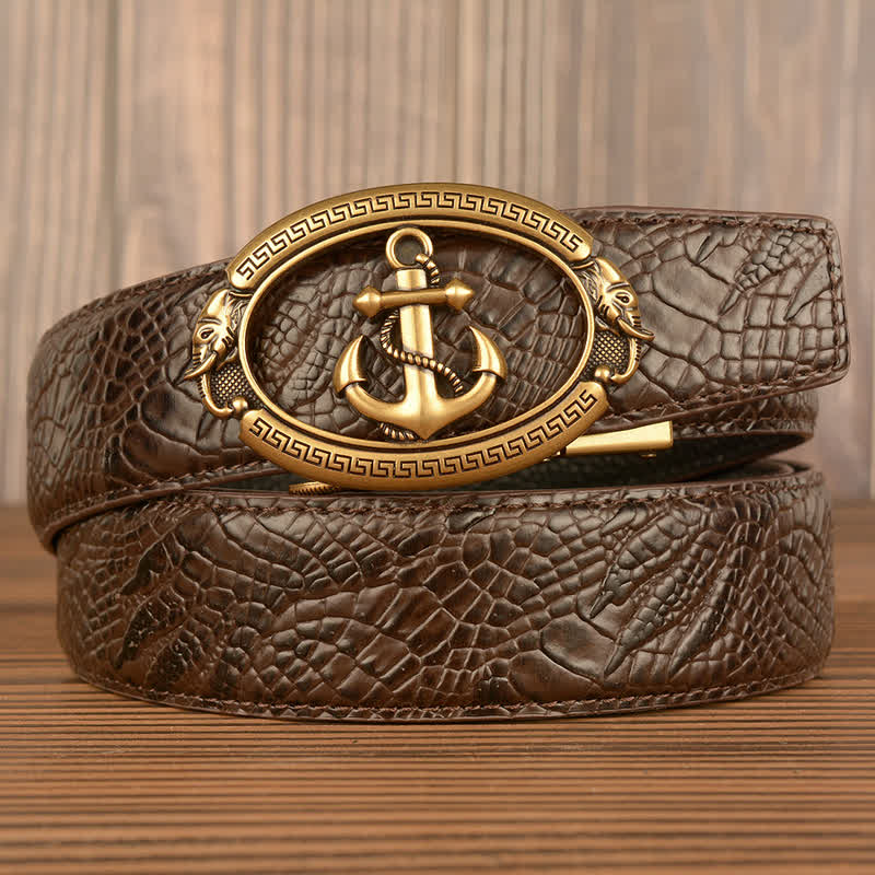 Cintura da uomo in pelle goffrata con ancora nautica e coccodrillo - Oro e marrone - Artiglio di coccodrillo - 44 - image 17