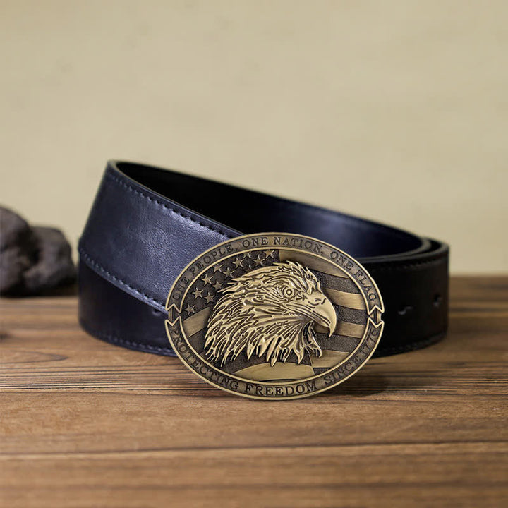 Cintura in pelle con fibbia della bandiera USA con aquila calva patriottica fai da te da uomo - Bronzo antico - Cintura PU nera (40) - image 5
