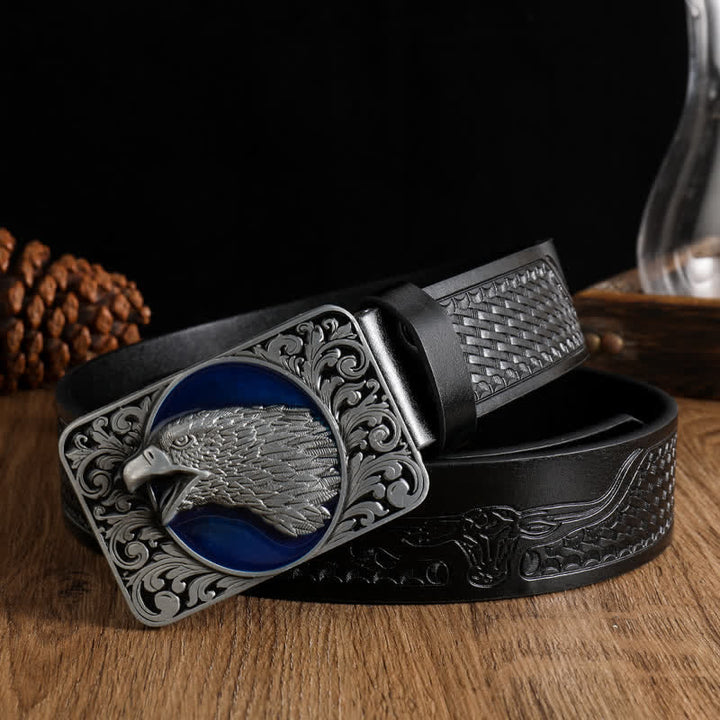 Cintura da uomo in pelle western con testa d'aquila calva rettangolare - Nero #2 - 42 - image 2