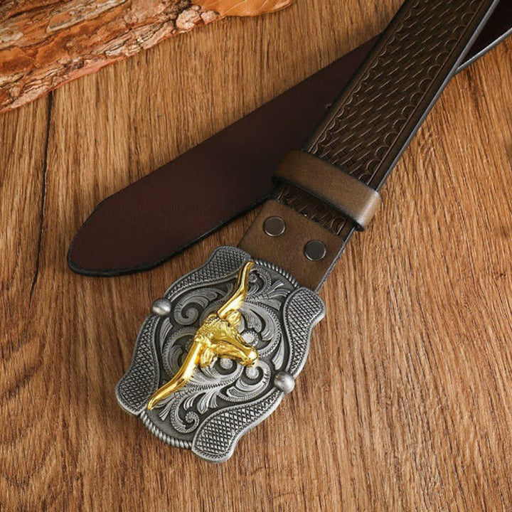 Cintura da uomo in pelle di toro Longhorn dorata quadrata - image 18