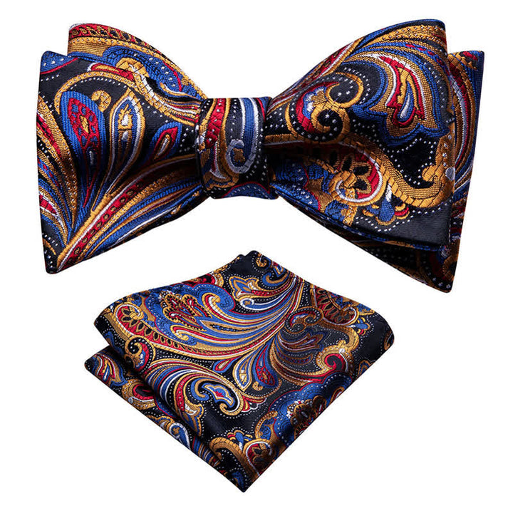 Set di 2 fazzoletti da taschino con papillon Paisley blu e oro da uomo - image 2