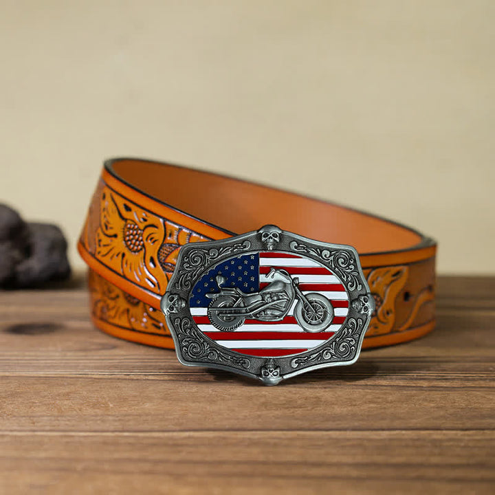 Cintura in pelle con fibbia a forma di teschio con bandiera USA, fai da te, da uomo - Motociclo - Cintura intagliata arancione (40) - image 15