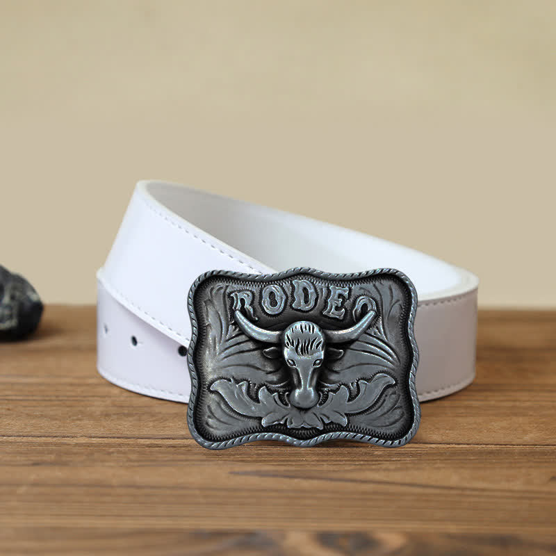 Cintura in pelle fai da te da uomo con fibbia da rodeo Longhorn Bull in argento - Toro dalle lunghe corna - Cintura PU bianca (40) - image 5