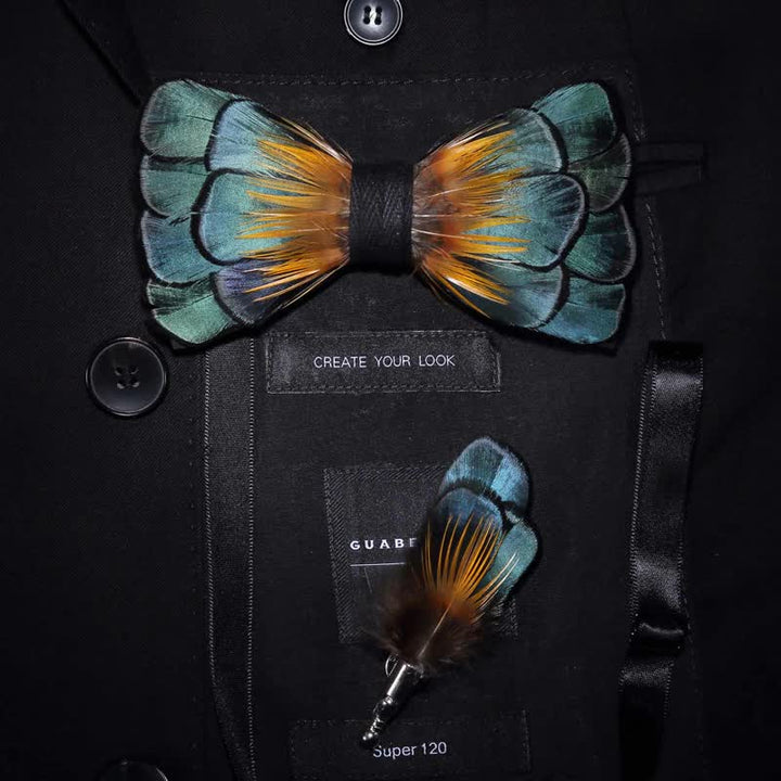 Papillon con piuma di girasole verde e arancione e spilla da bavero - Adulto - image 0