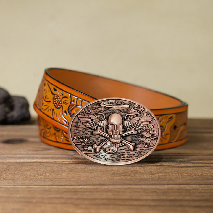 Cintura in pelle con fibbia porta birra creativa fai da te a forma di teschio e angelo da uomo - Rame - Cintura intagliata arancione (40) - image 34