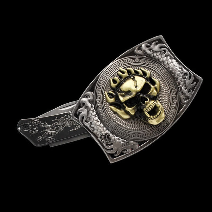 Cintura in pelle da uomo con teschio fiammeggiante e coltello pieghevole - image 1