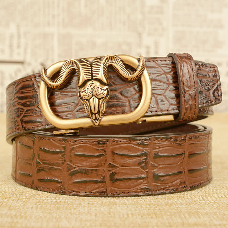 Cintura da uomo in pelle con fibbia automatica e stampa coccodrillo con testa di capra - Marrone / Oro - 46 - image 11